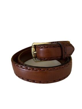 Cale Made in Spain Brown Leather Belt Decorative Stitching Brass Buckle Size 36